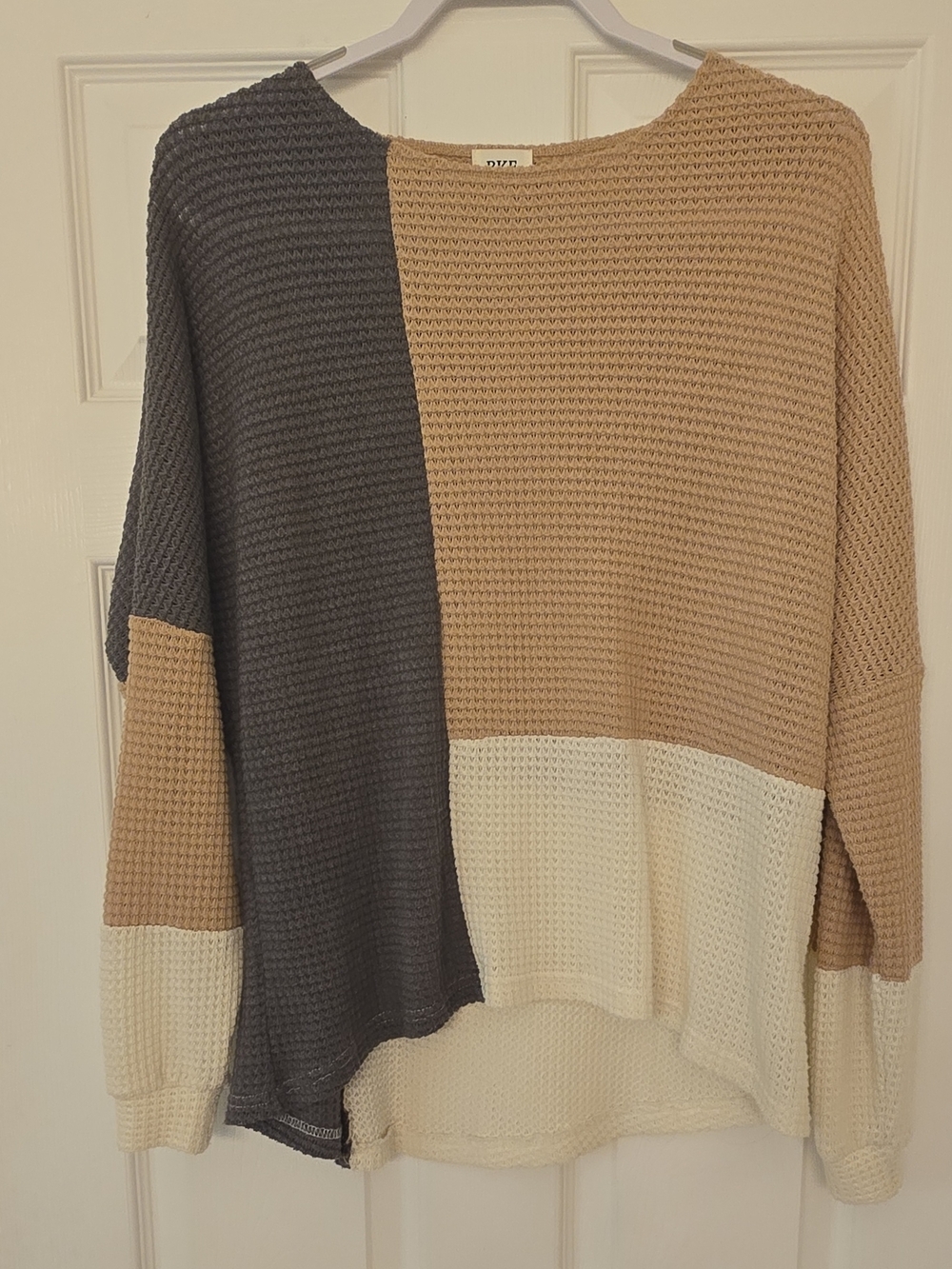 BKE Beige Gray White Colorblock Waffle-Knit Oversized Pullover Sweater XS